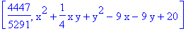 [4447/5291, x^2+1/4*x*y+y^2-9*x-9*y+20]